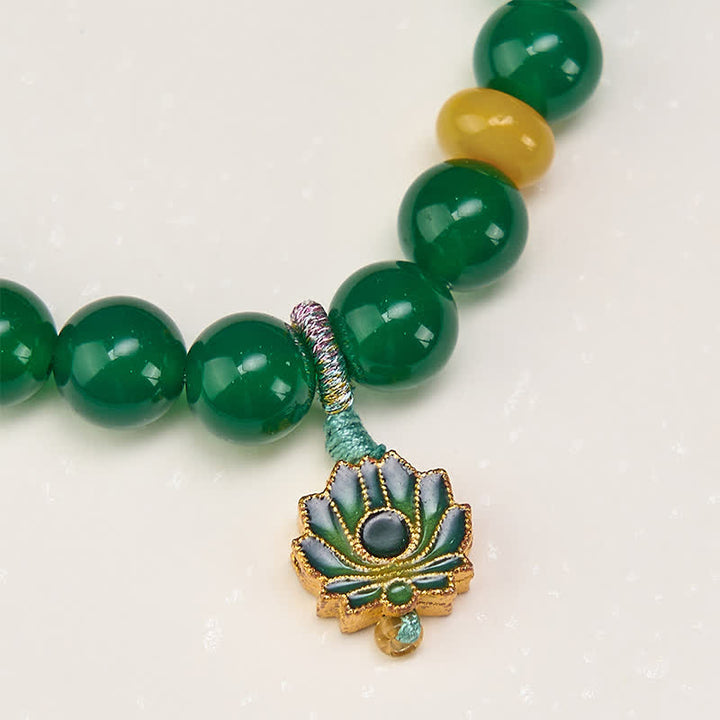 Buddha Stones Natural Green Agate Yellow Agate Lotus Charm Success Beaded Bracelet - image 4
