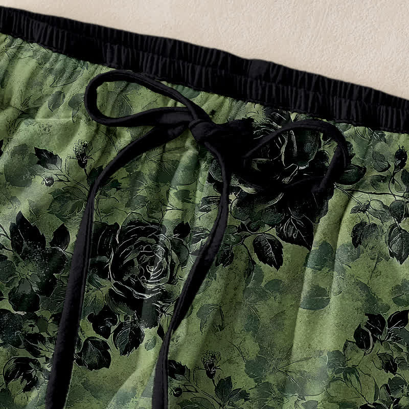 Buddha Stones Pure Cotton Rose Pattern Elastic Waist Drawstring Women's Pants With Pockets - image 1