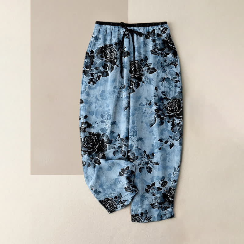 Buddha Stones Pure Cotton Rose Pattern Elastic Waist Drawstring Women's Pants With Pockets - LightSkyBlue - US16，UK/AU20，EU48 (3XL) - image 4