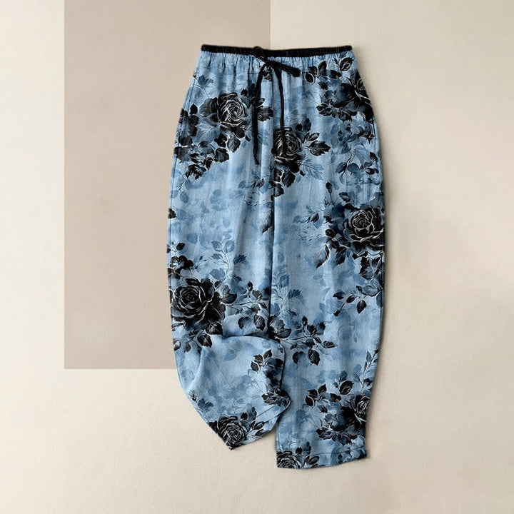 Buddha Stones Pure Cotton Rose Pattern Elastic Waist Drawstring Women's Pants With Pockets - LightSkyBlue - US16，UK/AU20，EU48 (3XL) - image 4