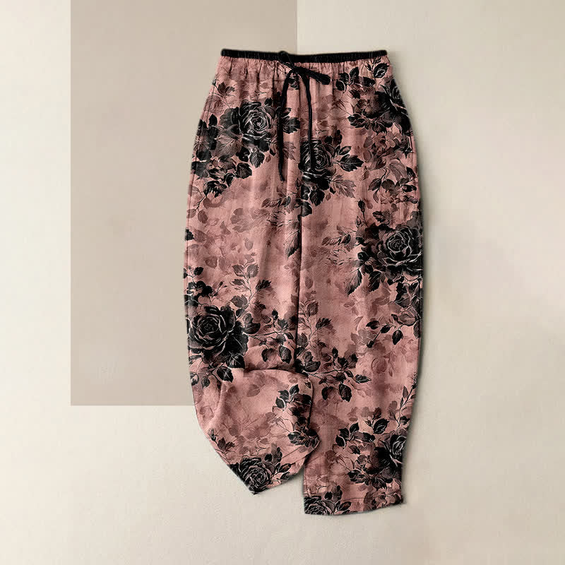 Buddha Stones Pure Cotton Rose Pattern Elastic Waist Drawstring Women's Pants With Pockets - LightCoral - US16，UK/AU20，EU48 (3XL) - image 8
