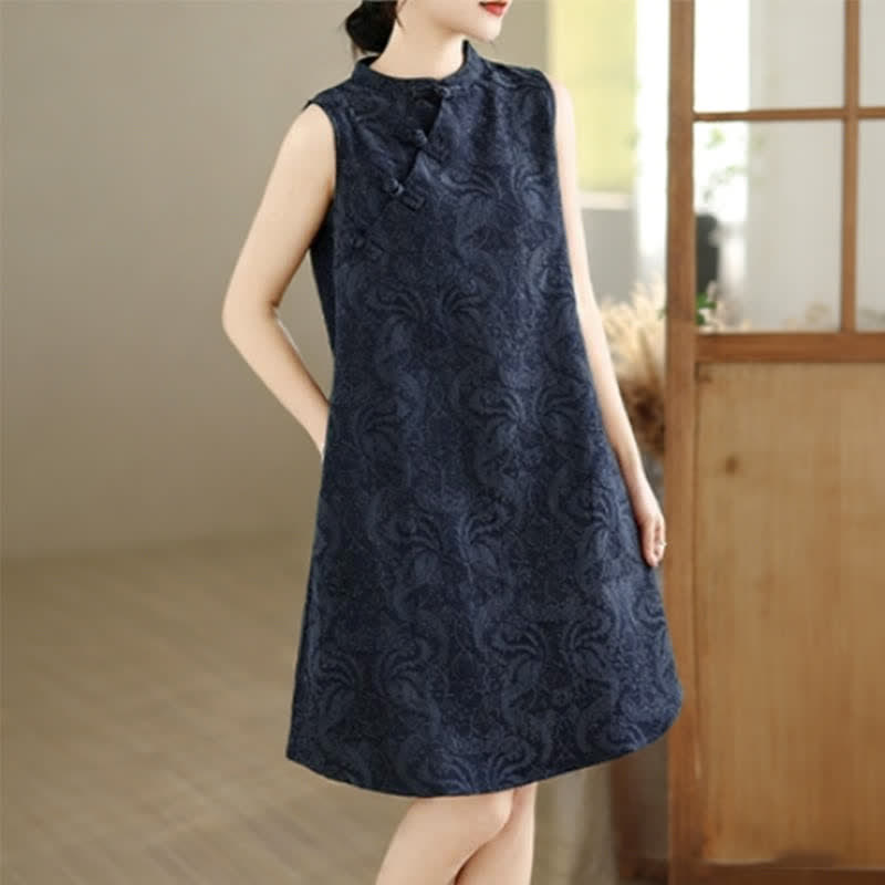Buddha Stones Mandarin Collar Frog-button Jacquard Pattern Sleeveless Cotton Mini Dress With Pockets - image 13
