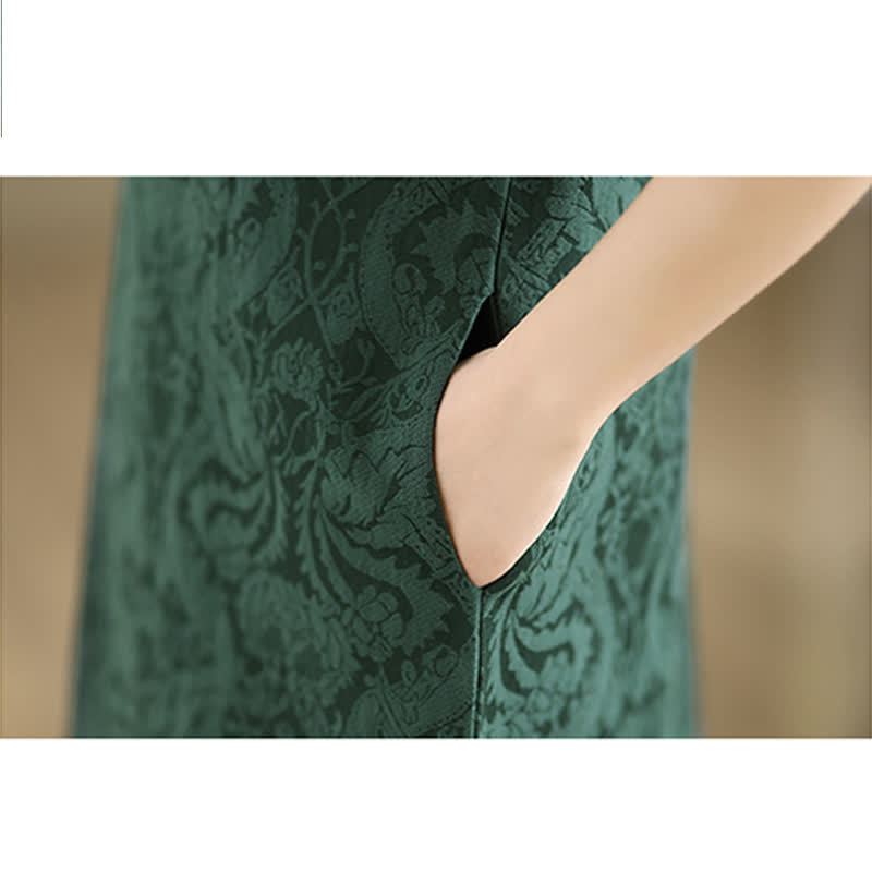 Buddha Stones Mandarin Collar Frog-button Jacquard Pattern Sleeveless Cotton Mini Dress With Pockets - image 7