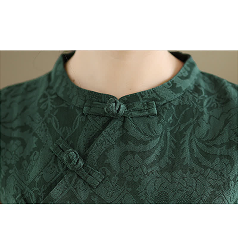 Buddha Stones Mandarin Collar Frog-button Jacquard Pattern Sleeveless Cotton Mini Dress With Pockets - image 9