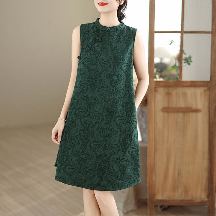 Buddha Stones Mandarin Collar Frog-button Jacquard Pattern Sleeveless Cotton Mini Dress With Pockets - image 5