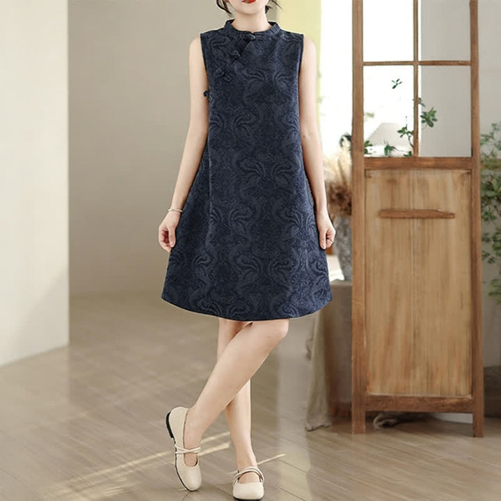 Buddha Stones Mandarin Collar Frog-button Jacquard Pattern Sleeveless Cotton Mini Dress With Pockets - image 15