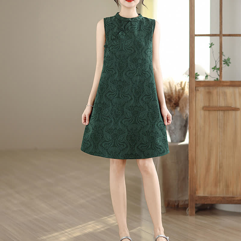 Buddha Stones Mandarin Collar Frog-button Jacquard Pattern Sleeveless Cotton Mini Dress With Pockets - image 1