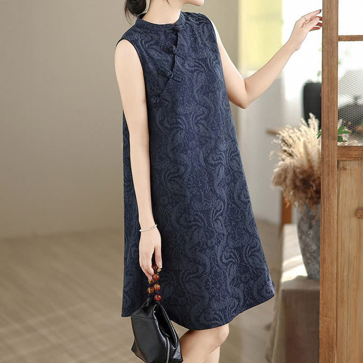 Buddha Stones Mandarin Collar Frog-button Jacquard Pattern Sleeveless Cotton Mini Dress With Pockets - image 14