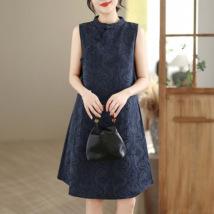 Buddha Stones Mandarin Collar Frog-button Jacquard Pattern Sleeveless Cotton Mini Dress With Pockets - image 16