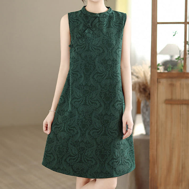 Buddha Stones Mandarin Collar Frog-button Jacquard Pattern Sleeveless Cotton Mini Dress With Pockets - DarkSlateGray - US12，UK/AU16，EU44 (3XL) - image 0