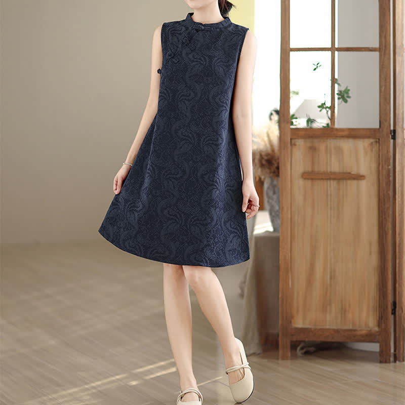 Buddha Stones Mandarin Collar Frog-button Jacquard Pattern Sleeveless Cotton Mini Dress With Pockets - MidnightBlue - US12，UK/AU16，EU44 (3XL) - image 12