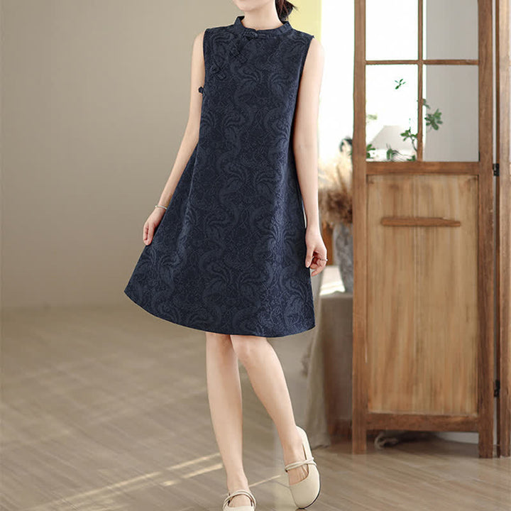Buddha Stones Mandarin Collar Frog-button Jacquard Pattern Sleeveless Cotton Mini Dress With Pockets - MidnightBlue - US12，UK/AU16，EU44 (3XL) - image 12