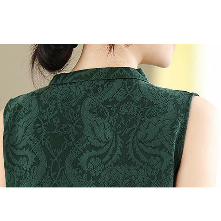 Buddha Stones Mandarin Collar Frog-button Jacquard Pattern Sleeveless Cotton Mini Dress With Pockets - image 10
