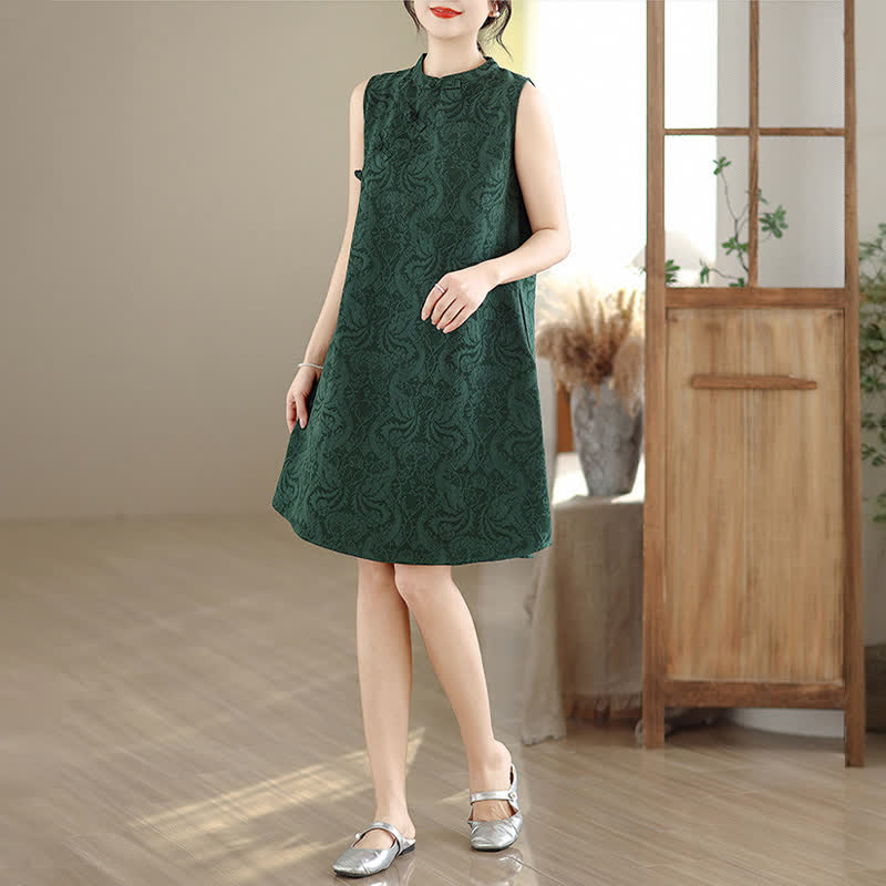 Buddha Stones Mandarin Collar Frog-button Jacquard Pattern Sleeveless Cotton Mini Dress With Pockets - image 2