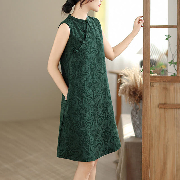 Buddha Stones Mandarin Collar Frog-button Jacquard Pattern Sleeveless Cotton Mini Dress With Pockets - image 3