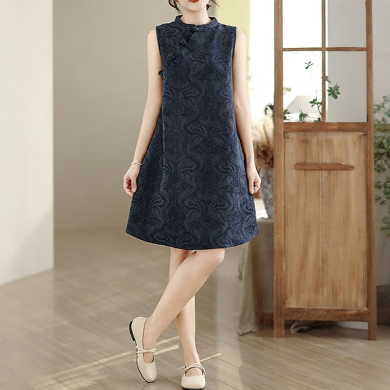 Buddha Stones Mandarin Collar Frog-button Jacquard Pattern Sleeveless Cotton Mini Dress With Pockets - image 15