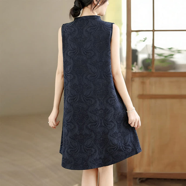 Buddha Stones Mandarin Collar Frog-button Jacquard Pattern Sleeveless Cotton Mini Dress With Pockets - image 17