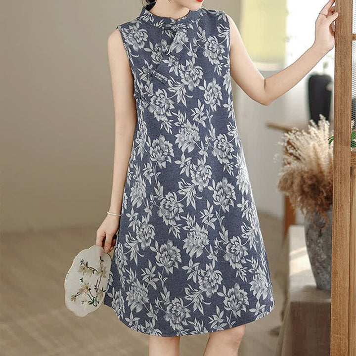 Buddha Stones Frog-button Mandarin Collar Floral Pattern Sleeveless Cotton Mini Dress With Pockets - SteelBlue - US14，UK/AU18，EU46 (3XL) - image 0