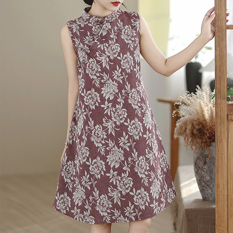 Buddha Stones Frog-button Mandarin Collar Floral Pattern Sleeveless Cotton Mini Dress With Pockets - DarkRed - US14，UK/AU18，EU46 (3XL) - image 6