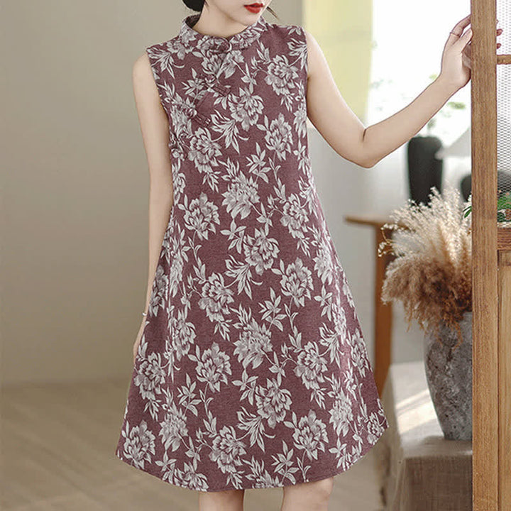 Buddha Stones Frog-button Mandarin Collar Floral Pattern Sleeveless Cotton Mini Dress With Pockets - DarkRed - US14，UK/AU18，EU46 (3XL) - image 6