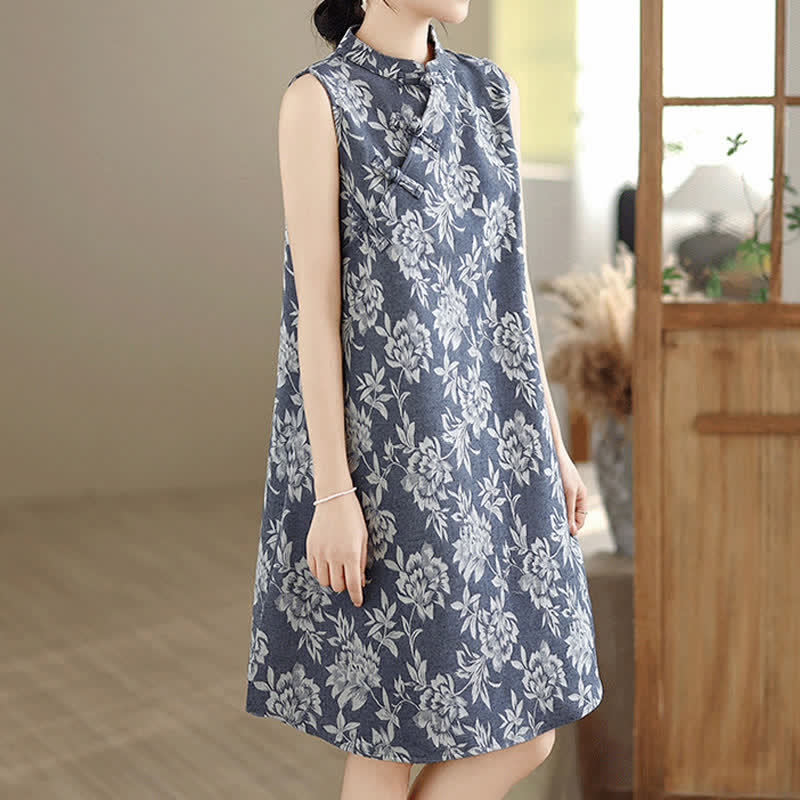Buddha Stones Frog-button Mandarin Collar Floral Pattern Sleeveless Cotton Mini Dress With Pockets - image 2