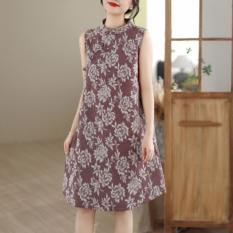Buddha Stones Frog-button Mandarin Collar Floral Pattern Sleeveless Cotton Mini Dress With Pockets - image 8
