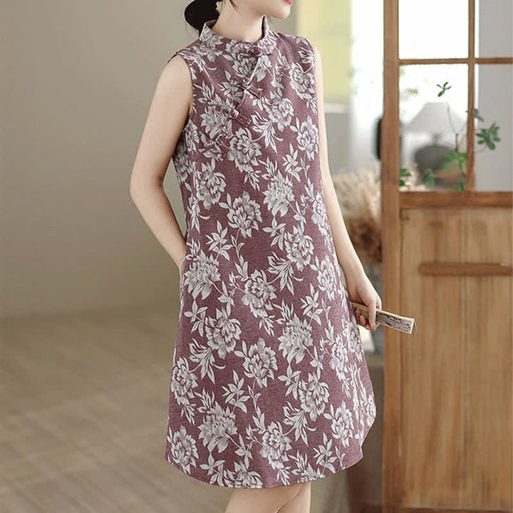 Buddha Stones Frog-button Mandarin Collar Floral Pattern Sleeveless Cotton Mini Dress With Pockets - image 7