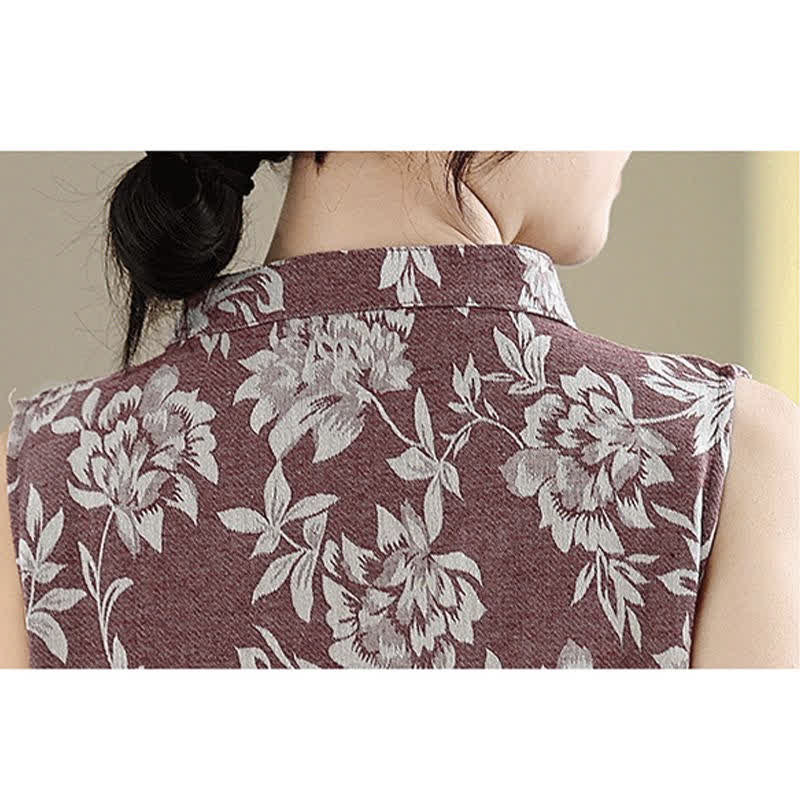 Buddha Stones Frog-button Mandarin Collar Floral Pattern Sleeveless Cotton Mini Dress With Pockets - image 13