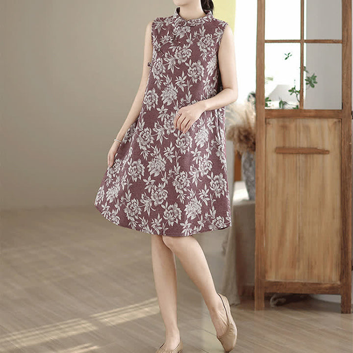Buddha Stones Frog-button Mandarin Collar Floral Pattern Sleeveless Cotton Mini Dress With Pockets - image 9