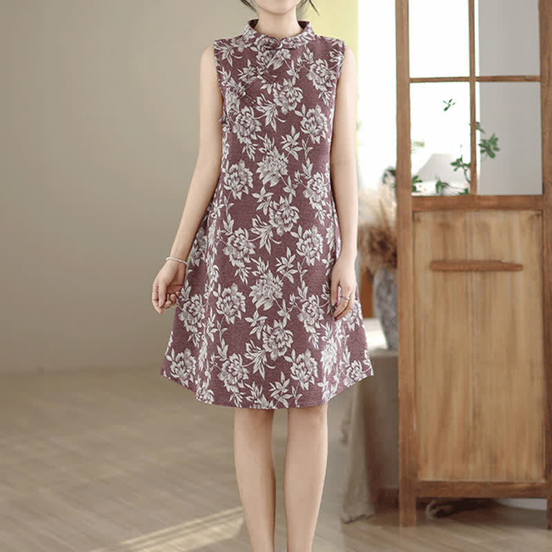 Buddha Stones Frog-button Mandarin Collar Floral Pattern Sleeveless Cotton Mini Dress With Pockets - image 10