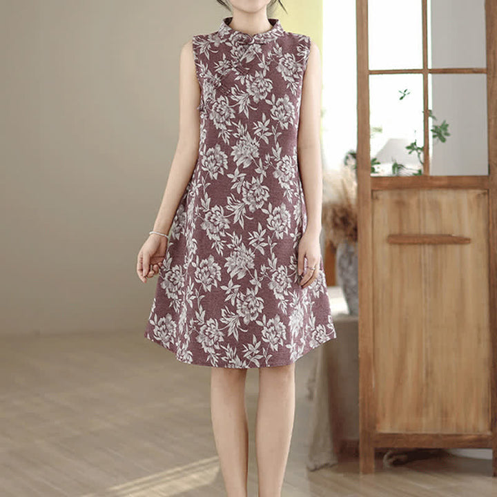 Buddha Stones Frog-button Mandarin Collar Floral Pattern Sleeveless Cotton Mini Dress With Pockets - image 10