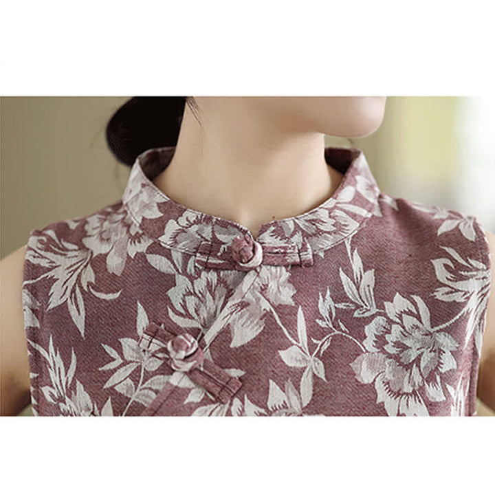 Buddha Stones Frog-button Mandarin Collar Floral Pattern Sleeveless Cotton Mini Dress With Pockets - image 12