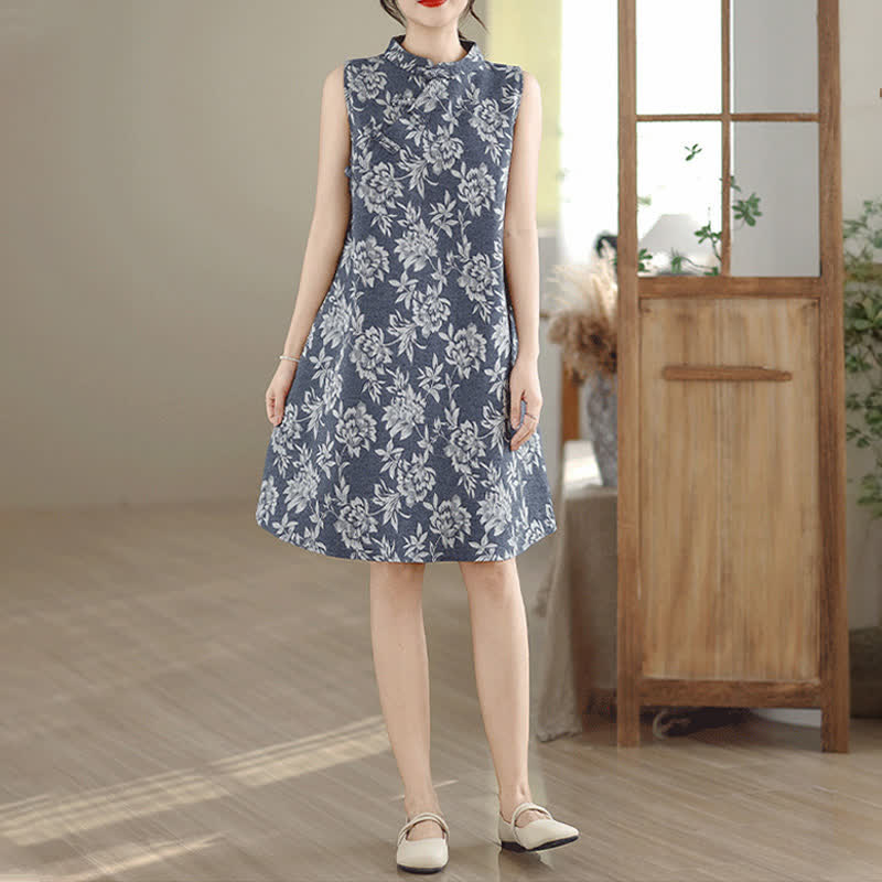 Buddha Stones Frog-button Mandarin Collar Floral Pattern Sleeveless Cotton Mini Dress With Pockets - image 1