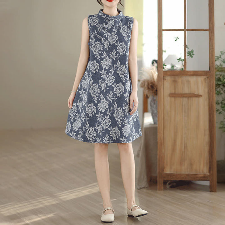 Buddha Stones Frog-button Mandarin Collar Floral Pattern Sleeveless Cotton Mini Dress With Pockets - image 1