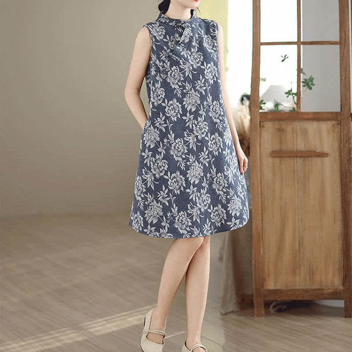 Buddha Stones Frog-button Mandarin Collar Floral Pattern Sleeveless Cotton Mini Dress With Pockets - image 3