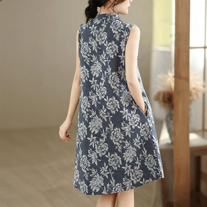 Buddha Stones Frog-button Mandarin Collar Floral Pattern Sleeveless Cotton Mini Dress With Pockets - image 5