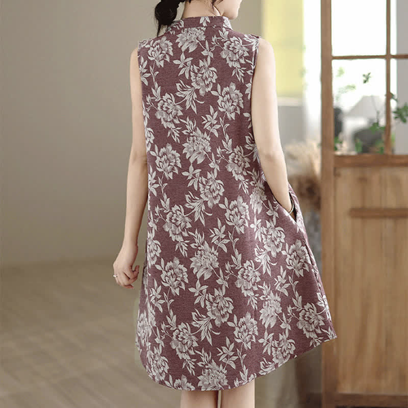 Buddha Stones Frog-button Mandarin Collar Floral Pattern Sleeveless Cotton Mini Dress With Pockets - image 11