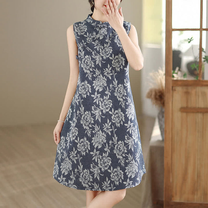 Buddha Stones Frog-button Mandarin Collar Floral Pattern Sleeveless Cotton Mini Dress With Pockets - image 4