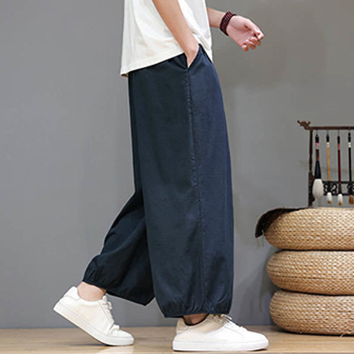 Buddha Stones Summer Zen Elastic Waist Cuff Men's Cropped Harem Pants With Pockets - image 2