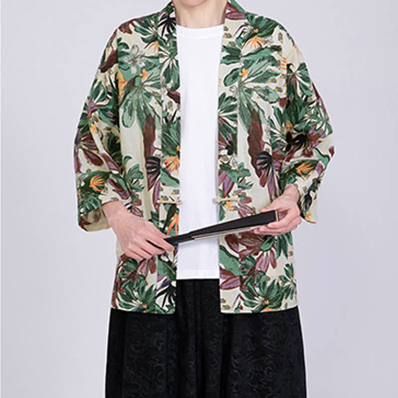 Buddha Stones Summer Tropical Leaf Print Linen Blend Men's Short Sleeve Kimono - image 5