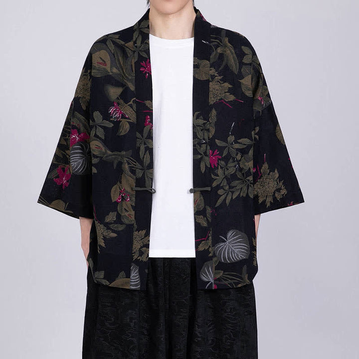 Buddha Stones Summer Tropical Leaf Print Linen Blend Men's Short Sleeve Kimono - Black - US/UK/AU46，EU56 (5XL) - image 11
