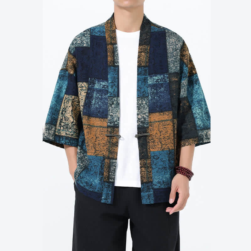 Buddha Stones Summer Tropical Leaf Print Linen Blend Men's Short Sleeve Kimono - CadetBlue - US/UK/AU46，EU56 (5XL) - image 7