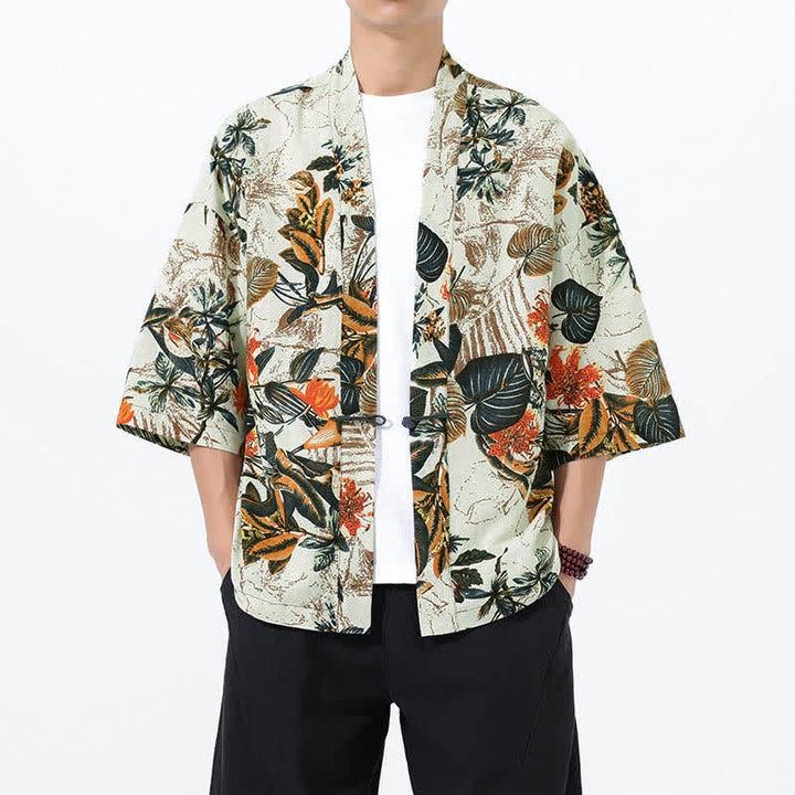Buddha Stones Summer Tropical Leaf Print Linen Blend Men's Short Sleeve Kimono - White - US/UK/AU46，EU56 (5XL) - image 0