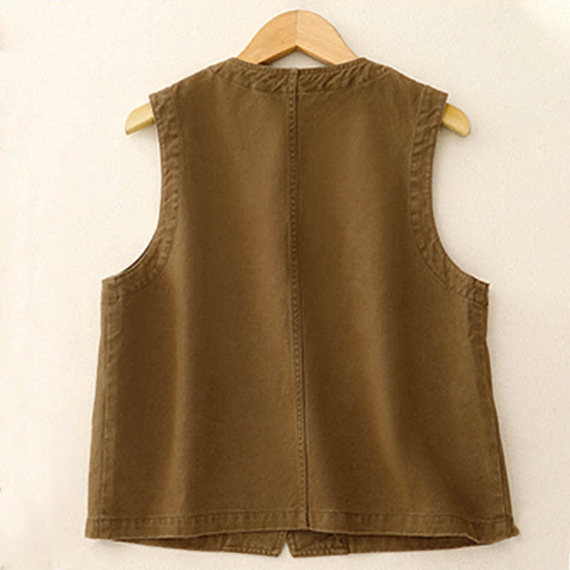 Buddha Stones Spring Vintage Twill Bird Embroidery Cotton Women's V Neck Cropped Sleeveless Vest With Pockets - image 1
