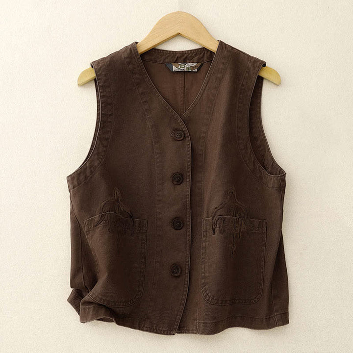 Buddha Stones Spring Vintage Twill Bird Embroidery Cotton Women's V Neck Cropped Sleeveless Vest With Pockets - SaddleBrown - US8-10，UK/AU12-14，EU40-42 (2XL) - image 9