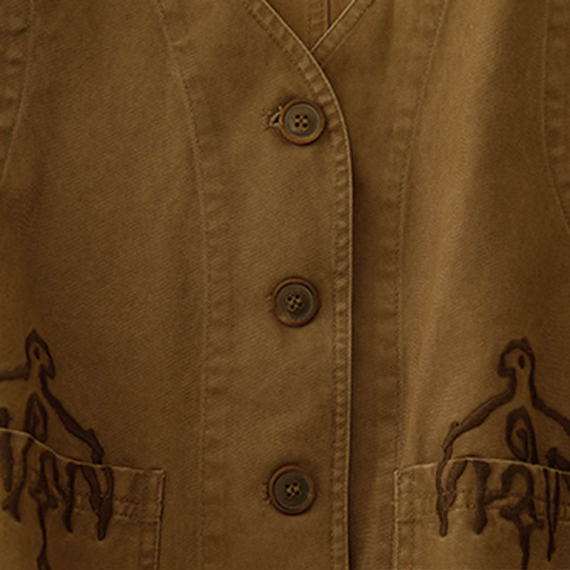 Buddha Stones Spring Vintage Twill Bird Embroidery Cotton Women's V Neck Cropped Sleeveless Vest With Pockets - image 7