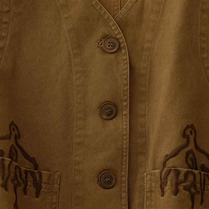 Buddha Stones Spring Vintage Twill Bird Embroidery Cotton Women's V Neck Cropped Sleeveless Vest With Pockets - image 7