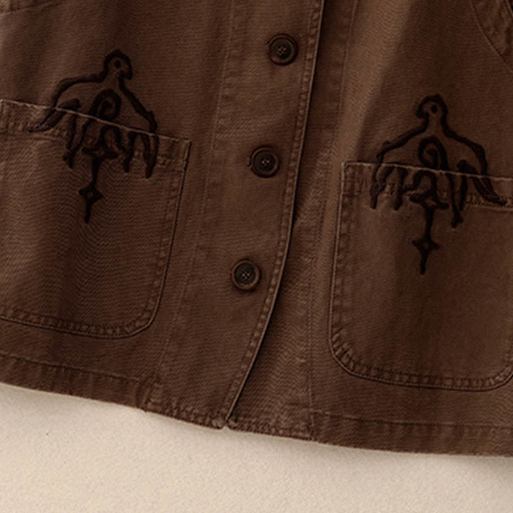 Buddha Stones Spring Vintage Twill Bird Embroidery Cotton Women's V Neck Cropped Sleeveless Vest With Pockets - image 13