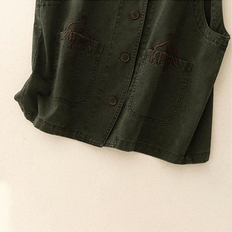 Buddha Stones Spring Vintage Twill Bird Embroidery Cotton Women's V Neck Cropped Sleeveless Vest With Pockets - image 18