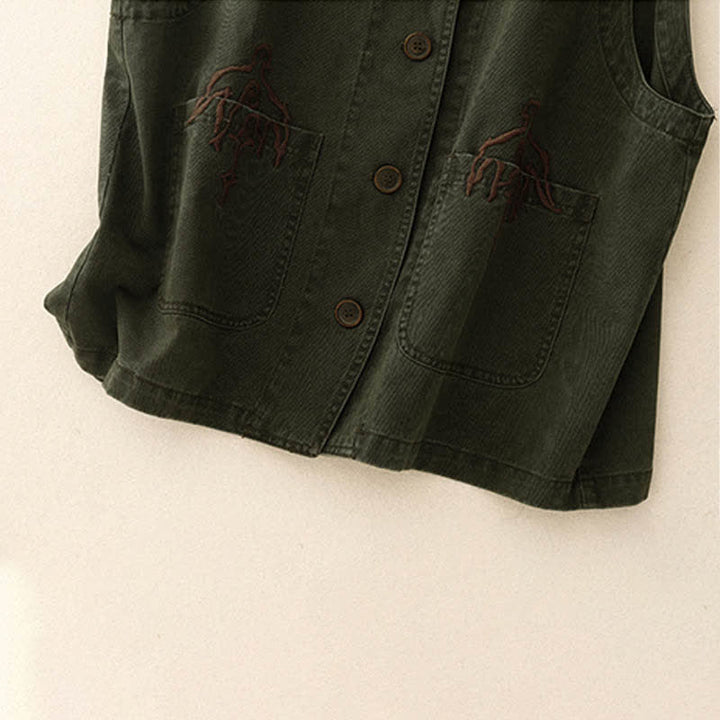 Buddha Stones Spring Vintage Twill Bird Embroidery Cotton Women's V Neck Cropped Sleeveless Vest With Pockets - image 18